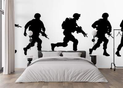 Soldier in action. Silhouette collection of running male soldier carrying machine gun weapon black filled vector Illustration icon. Wall mural