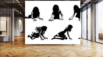 Witch, vampire, demon, creepy and spooky elements. Zombie crawling woman silhouette black filled vector Illustration icon. Collection of halloween silhouettes decorations icon and character.  Wall mural