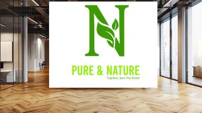 initial n green letter and leaf for modern beauty nature cosmetic, vegan, environmental, nutrition c Wall mural