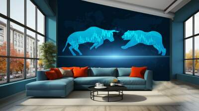 Abstract financial chart with bulls and bear in stock market on blue color background Wall mural