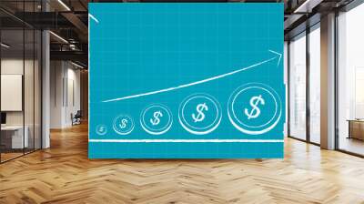 Abstract financial chart with dollar coins and arrow in chalk Scribble design on blue color background Wall mural