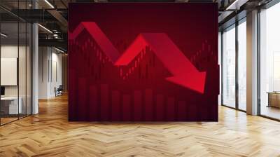 Abstract financial chart with downtrend line graph and arrow in stock market on red color background Wall mural