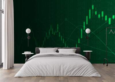 Abstract financial graph and up trend line candlestick chart with stock market numbers on green color background Wall mural