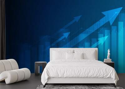 Abstract financial graph with uptrend line and arrows in stock market on blue color background Wall mural