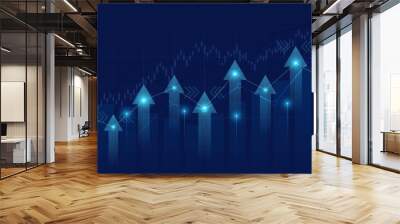 Abstract financial graph with uptrend line and arrows in stock market on blue color background Wall mural