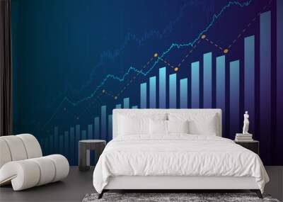 Abstract financial graph with uptrend line and bar chart of stock market on blue color background Wall mural