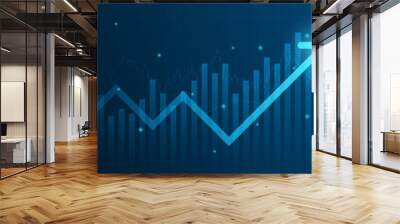 Abstract financial graph with uptrend line arrow and bar chart of stock market on blue color background Wall mural