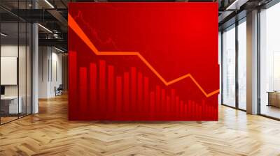 Business chart with arrow downtrend line graph, bar chart and stock numbers in bear market on red background (vector) Wall mural