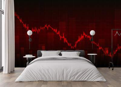 Business chart with downtrend line graph, bar chart and stock numbers in bear market on dark red background (vector) Wall mural