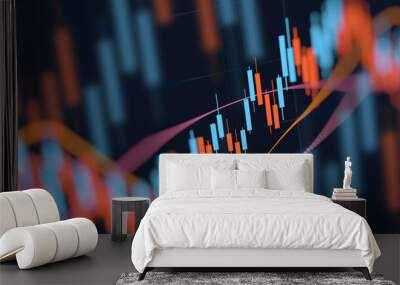 Closeup financial chart with uptrend line candlestick graph in stock market on blue color Widescreen background
 Wall mural