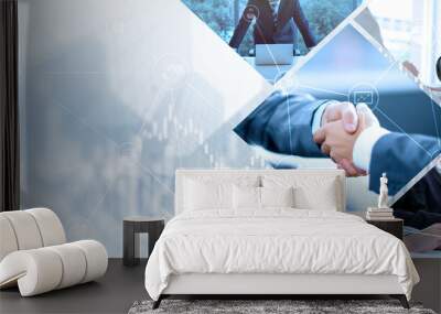 Financial background of businessman handshake in teamwork concept, HR recruitment and outsourcing technology. Wall mural