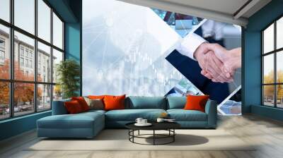 Financial background of businessman handshake in teamwork concept, HR recruitment and outsourcing technology.
 Wall mural