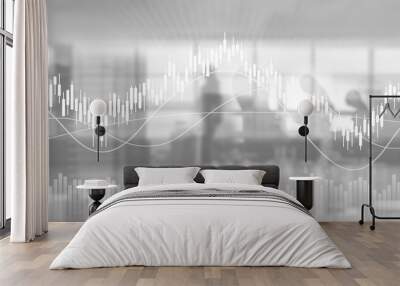 financial chart with line graph in stock market and silhouette people walking in cityscape background  Wall mural