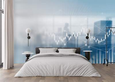 financial chart with stock market graph and silhouette people walking in office with cityscape blurred background Wall mural