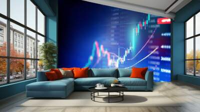 Financial graph with up trend line candlestick chart in stock market on blue color background Wall mural