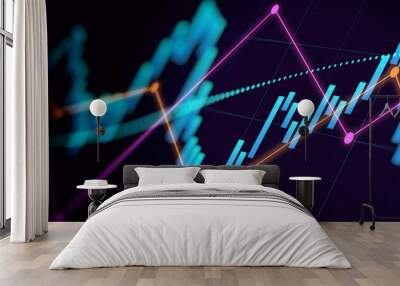 Financial graph with up trend line candlestick chart in stock market on neon color Widescreen background Wall mural