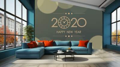 Golden happy new year 2020 and clock with bokeh and lens flare pattern in vintage color style background Wall mural