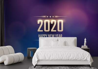 Golden Happy new year 2020 with abstract bokeh and lens flare pattern in vintage blue color background Wall mural