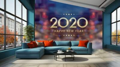 Golden happy new year 2020 with bokeh and lens flare pattern in snowy street at evening background Wall mural