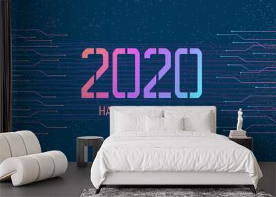 Happy new year 2020 in abstract technology circuit board on dark blue color background Wall mural