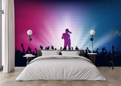 Silhouette of people raise hand up in concert with woman singer on stage and digital dot pattern on blue red color background Wall mural