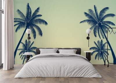 Silhouette palm tree and sunset sky in flat icon design with vintage filter background Wall mural