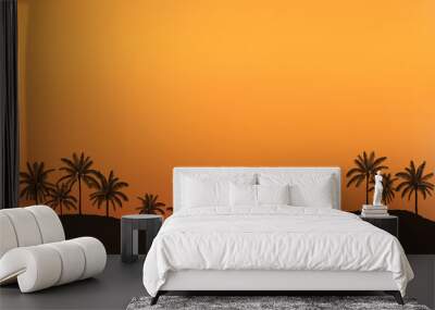 Silhouette palm tree in flat icon design on hill at sunset sky with vintage filter background Wall mural