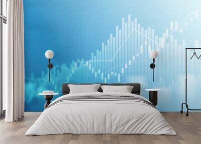 Widescreen abstract financial chart with uptrend line graph and candlestick on black and white color background Wall mural