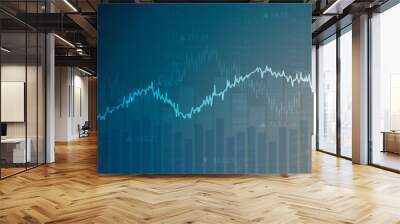 Widescreen abstract financial chart with uptrend line graph and numbers in stock market on blue color background Wall mural