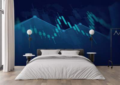 Widescreen abstract financial chart with uptrend line graph and world map on blue color background Wall mural