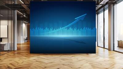 Widescreen Abstract financial graph with 3d arrow and bar chart of stock market on blue color background Wall mural