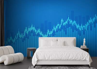 Widescreen Abstract financial graph with uptrend line and candlestick chart of stock market in blue color background Wall mural