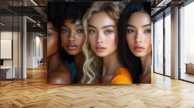 A diverse group of beautiful girls posing on a dark background, for a beauty salon Wall mural