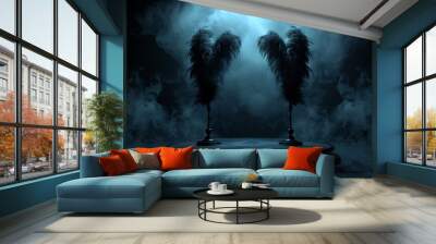 Mysterious dark background with catwalk and heart-shaped black feather accents Wall mural