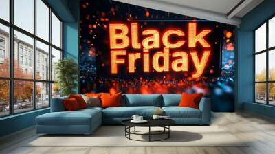 Black Friday sale banner with glowing red text on dark background, dynamic promotional design for retail discounts, special offers and shopping events Wall mural