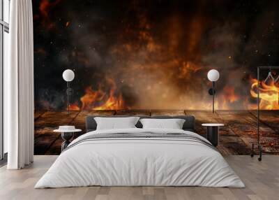 Blank wooden table with fire burning at the edge of the table, fire sparks and smoke with flames on a dark background to display products Wall mural