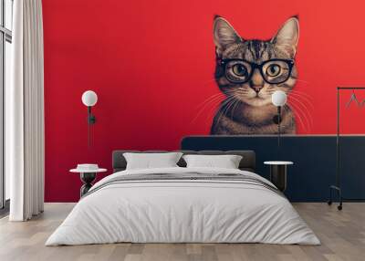 Cute cat or Kitten Wearing Glasses Using Laptop with Red Background for Technology and Pet-Themed Advertising or Education Concepts Wall mural