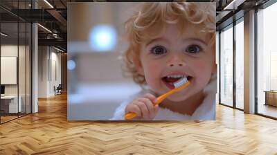 Cute toddler brushing teeth with orange toothbrush, close-up portrait in bathroom setting, promoting oral hygiene and early childhood dental care habits Wall mural