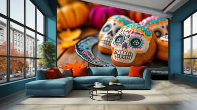 Decorated sugar skull cookies on a wooden plate, surrounded by fall leaves and pumpkins, perfect for Day of the Dead or Halloween celebrations. Wall mural