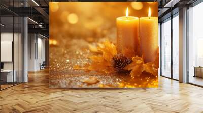 Elegant thanksgiving candle arrangement with golden leaves and pinecones, festive fall holiday decoration, cozy and warm background for seasonal celebrations, copy space Wall mural