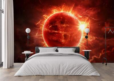 Fiery red planet glowing in deep space, solar explosion concept, intense energy, space exploration, cosmic phenomenon, burning star, science fiction illustration, futuristic space art Wall mural