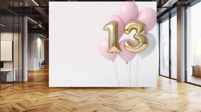 Gold number 13 balloon with pink and white balloons for thirteenth birthday celebration, event decoration, or festive party design with a minimal and elegant style Wall mural