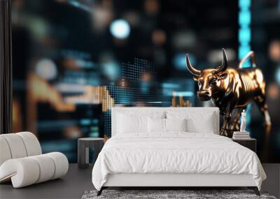 Golden bull statue in front of stock market chart, financial symbol, rising market, stock exchange, trading success, business growth, economic progress, bullish trend, 3D illustration Wall mural