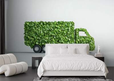 Green eco-friendly delivery truck made of leaves, concept of sustainable transportation, nature and modern technology blend for environmental awareness Wall mural