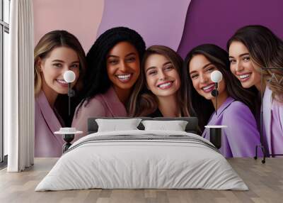 Group of five diverse women smiling confidently, standing together in stylish professional outfits, celebrating friendship, empowerment, and diversity in a modern business environment Wall mural