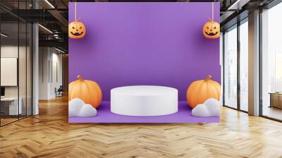 Halloween-themed purple background with floating pumpkins and white clouds, creating a whimsical and festive setting, perfect for holiday decorations and party designs Wall mural