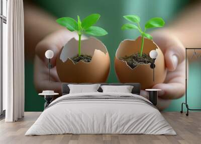 Hands holding egg shells with growing green plants, concept of eco-friendly gardening, nurturing nature, organic growth, sustainable lifestyle, and new beginnings Wall mural