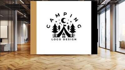 Simple camping logo with tent shape, tree and fire. camping outdoors nature adventure sign or symbol for travel tourism. Vintage summer camping logo. Wall mural