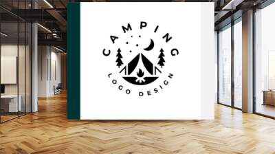 Simple camping logo with tent shape, tree and fire. camping outdoors nature adventure sign or symbol for travel tourism. Vintage summer camping logo. Wall mural