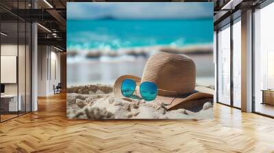 Straw hat and sunglasses on sandy beach, summer vacation, tropical getaway, beach holiday, sun protection, relaxation, travel, seaside, accessories, sunny day Wall mural